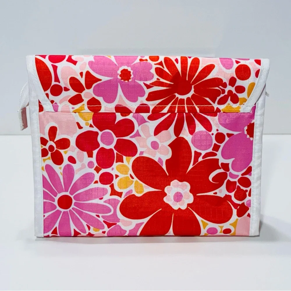 Clinique Floral Cosmetic Bag Pink Red Orange 3”D x 8”W x 6.5”H
